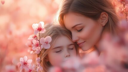 Fototapeta premium radiant motherdaughter embrace amidst a cascade of blooming flowers soft pastel hues bathe the scene in warmth with delicate butterflies and heartshaped bokeh lights adding a touch of magic