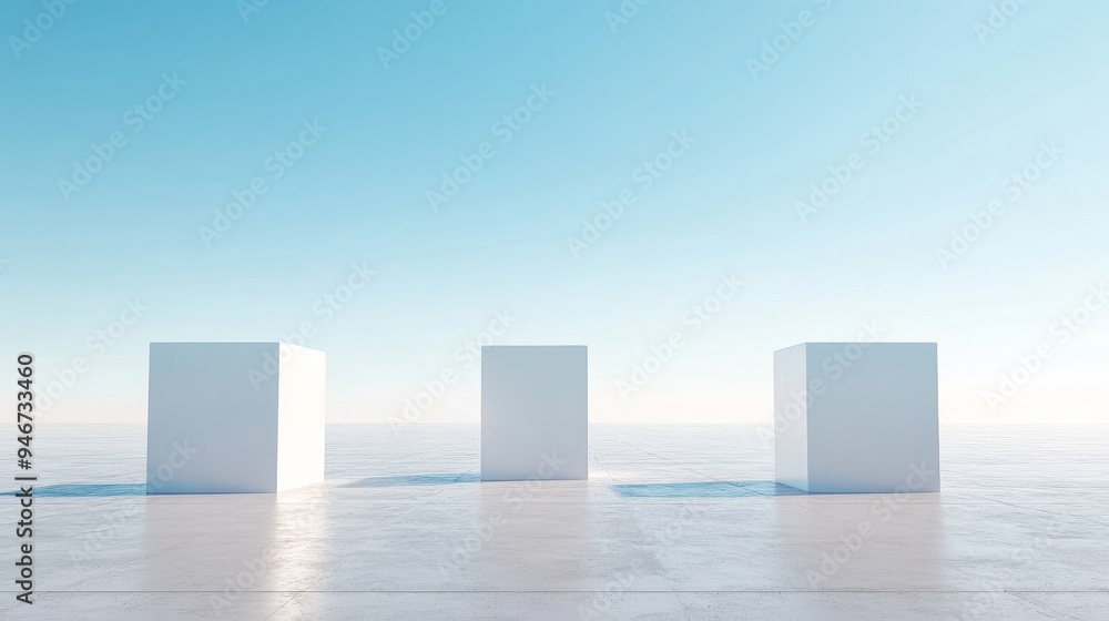 Poster an abstract futuristic glass architecture with an empty concrete floor in 3d.