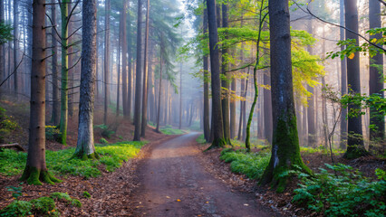 Fototapeta premium A serene forest scene with a path leading through sun light