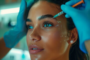 Young woman receiving a cosmetic injection in the eyebrow area. Beauty treatment concept.