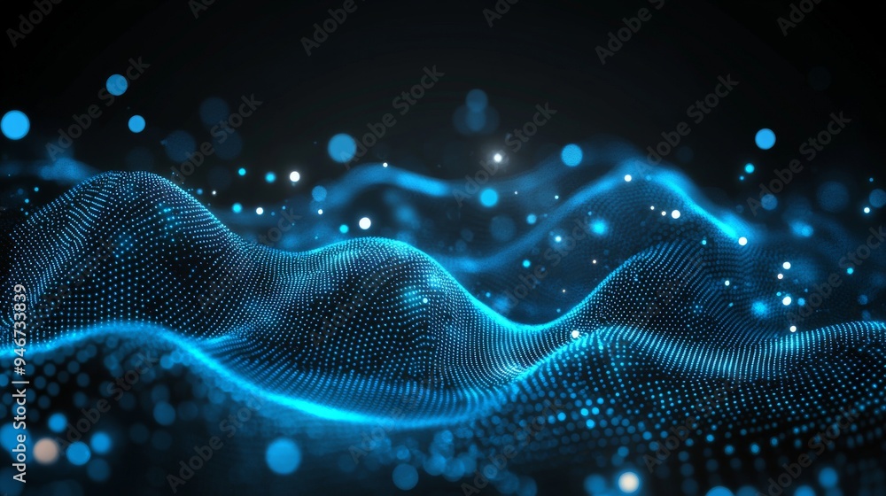 Poster background representing data particles in a technological environment, each conveying a distinct mes