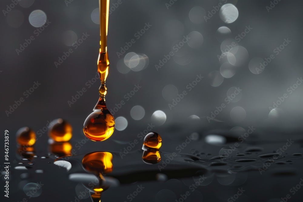 Poster golden liquid drop forming and splashing on a wet surface with a blurred background