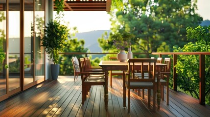 Obraz premium A serene outdoor dining area with wooden furniture surrounded by lush greenery.