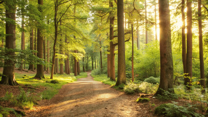 Obraz premium A serene forest scene with a path leading through sun light