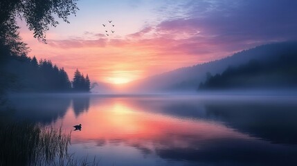 Obraz premium A beautiful sunset over a lake with a duck swimming in the water