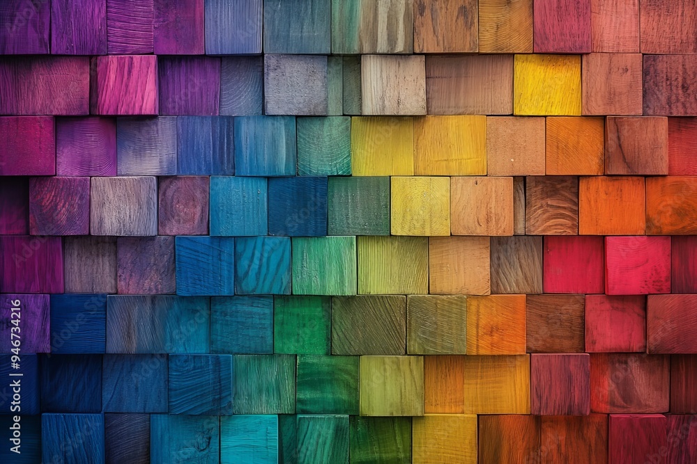 Poster The background is made up of colorful wooden blocks displaying a spectrum of colors, ideal for artistic covers and creative projects.