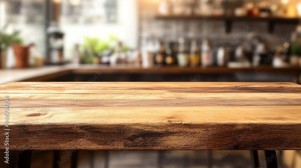 Poster an empty beautiful wood counter in front of a blurry bokeh and a bright white background of a modern