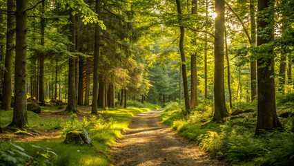 Obraz premium A serene forest scene with a path leading through sun light