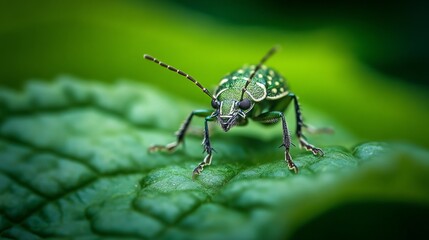 Fototapeta premium green and black bug on green leaf