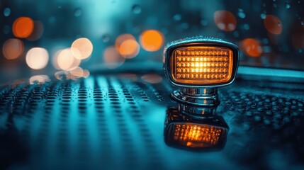 A retro-style orange light reflecting on a wet surface with blurred bokeh lights in the background, captured on a rainy night, evoking nostalgia.