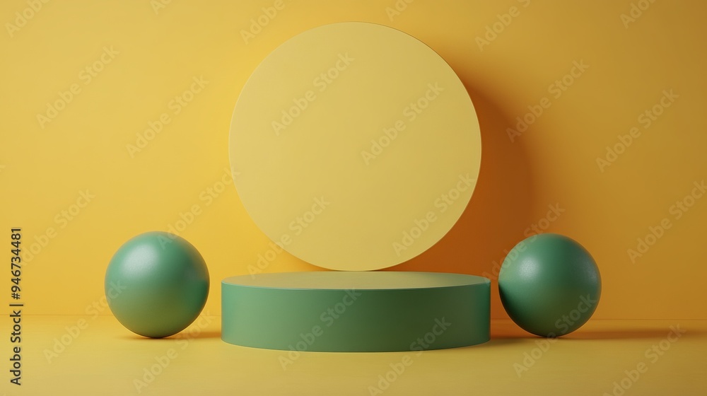 Poster a yellow background with a round object and two green balls