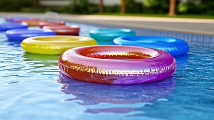3D realistic illustration of swimming pool with colorful inflatable rings floating over clean water surface, hotel, summer vacation background design.