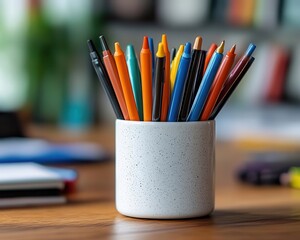 Pen holder with pens on a desk, keeping writing tools organized