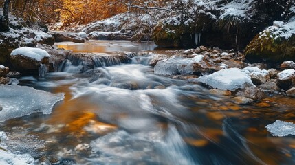 Long exposure, river, snow, autumn colors, abstract movement, peaceful, serene
