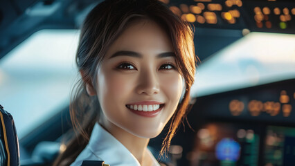 Asian Woman Airline Pilot - pilot, cockpit, female pilot, aviation, airline, airplane, uniform, smile, professional, aircraft controls, aviation industry, pilot career, air travel