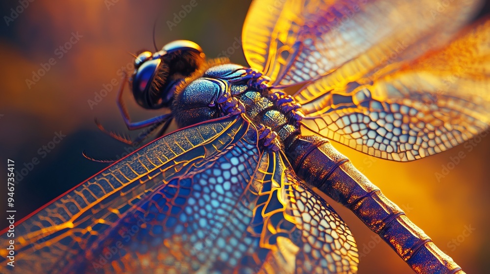 Poster close-up of a dragonfly's intricate wing patterns and iridescent colors
