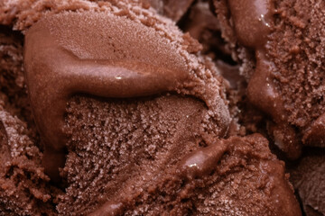 Close up Chocolate icecream background. Chocolate ice cream macro detailed texture. Choco desert.