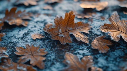 Frosty leaves on a snowy ground