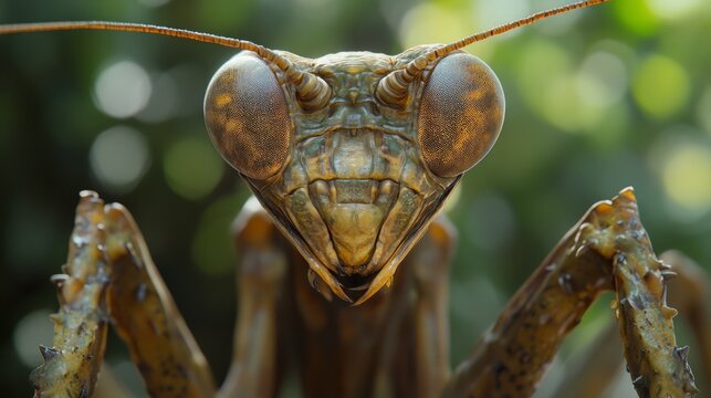 A detailed close-up of the angular face and spiny front legs of the mantis