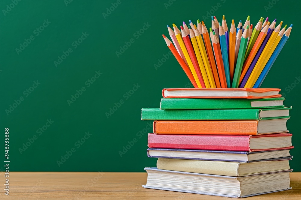 Aufkleber in the background is a blackboard with a bunch of colorful books on the table in a classroom.