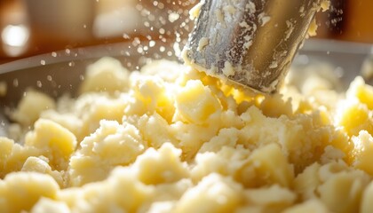 Potato masher mashing boiled potatoes into a creamy texture