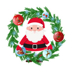 Hand drawn Cute Santa Claus Christmas wreath with gifts and Christmas reindeer balls around