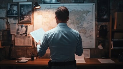 Rear view of police detective standing and looking at paper in front of wall with map.