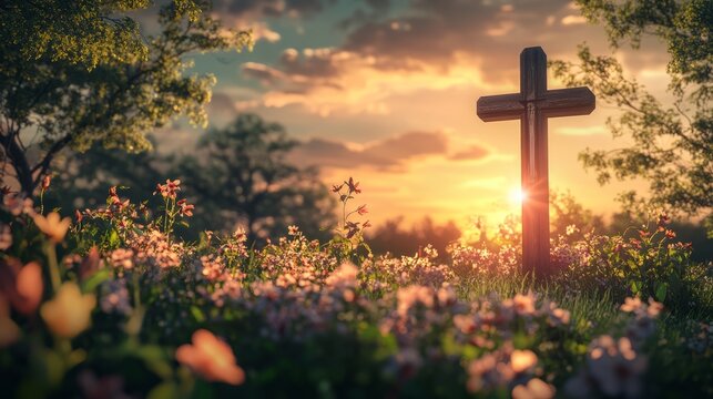 Easter sunrise service with an outdoor cross and spring flowers