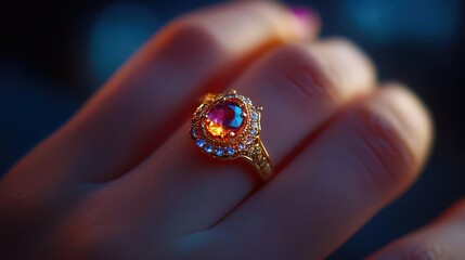 Ring with gemstone on a finger, sparkling in the light