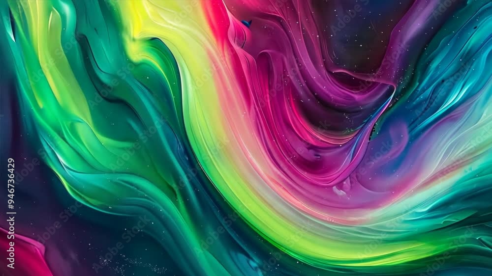 Poster a colorful painting of a rainbow with a woman in the middle. the painting is abstract and has a drea