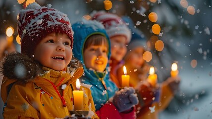 This heartwarming scene features a cheerful children’s choir in cozy winter clothing, performing Christmas songs outdoors in a picturesque snowy landscape, surrounded by twinkling lights 