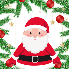 Hand drawn Cute Santa Claus Christmas wreath with gold decorations and Christmas balls around