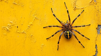 brown and black spider on yellow wall