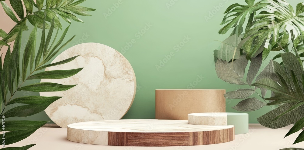 Poster modern minimal showcase with golden square frame and empty podium for product presentation, 3d rende