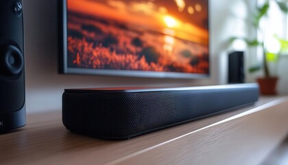 Soundbar with subwoofer set up under a TV, enhancing the audio experience