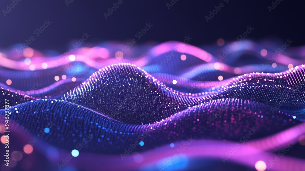 Poster 3d rendering of particle stream on purple background with glowing particles. information technology 