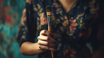 a woman holding a paint brush in her hand