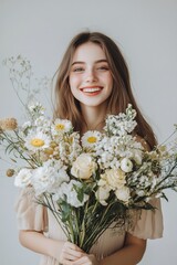 A happy woman holding a bouquet of flowers 