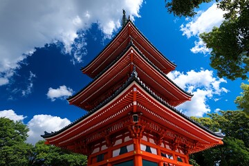 Fototapeta premium Japanese vermillion roof of a pagoda, depicted in an artwork where the color is contrasted against a dramatic sky filled with clouds