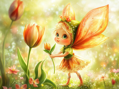 Cartoon pixie in tulip garden