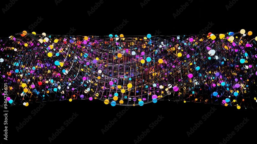 Poster abstract animated background. many glowing multicolored spheres on moving wireframe grid on black ba