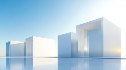 Abstract futuristic glass architecture with a concrete floor in 3D.