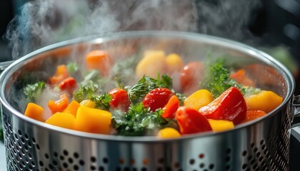 Vegetable steamer in a pot, cooking vegetables to perfection