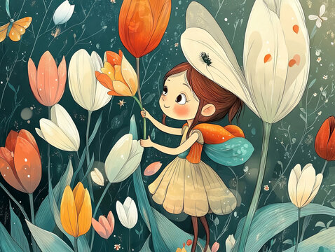 Cartoon pixie in tulip garden