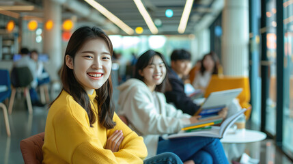 asian students in the college are getting together discussing the study classes in library 