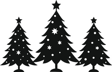 Christmas tree icons, silhouettes in black color. Vintage vector icons isolated on white background. Silhouettes of Christmas trees with a stars at the top. Big set for decoration.