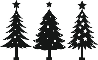 Christmas tree icons, silhouettes in black color. Vintage vector icons isolated on white background. Silhouettes of Christmas trees with a stars at the top. Big set for decoration.