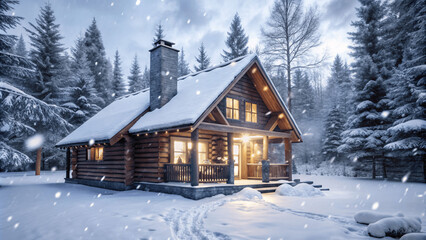 Naklejka premium a ultra realistic detailed cozy cabin in the snowy forest
