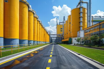 Industrial Complex with Yellow Storage Tanks and a Road