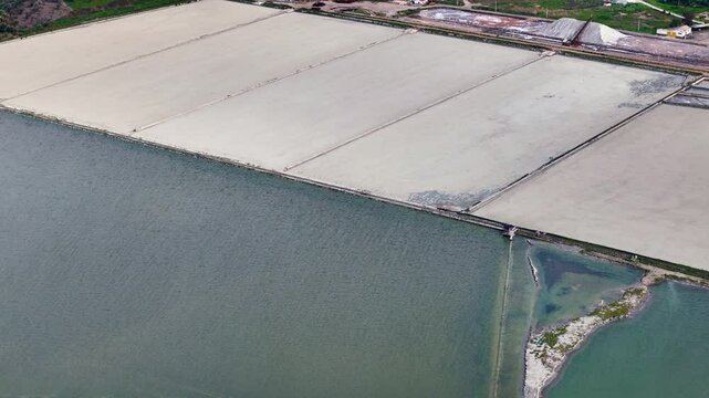 Extracting salt works, saltern pond or open salt evaporation ponds, aerial